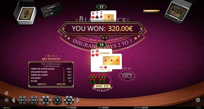 iSoftBet Blackjack 21+3 winning hand