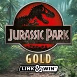 Jurassic Park: Gold slot logo featuring a dinosaur fossil