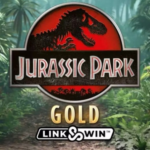 Jurassic Park: Gold slot logo featuring a dinosaur fossil