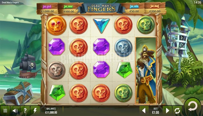 In-game screenshot of the Dead Man's Fingers slot featuring multi-colored gem symbols