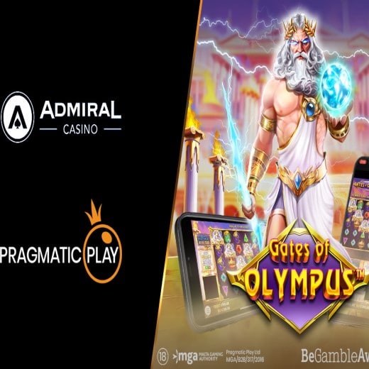 Promotional image featuring the Pragmatic Play and Admiral Casino logos and a Lore of Olympus slot background