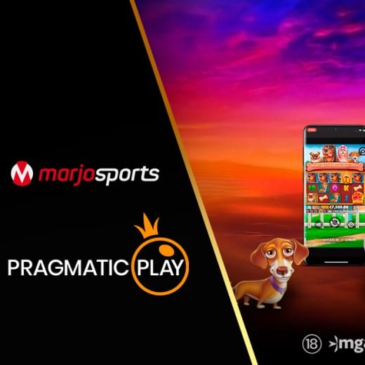 MarjoSports and Pragmatic Play promotional image featuring an animated dog and mobile slot game