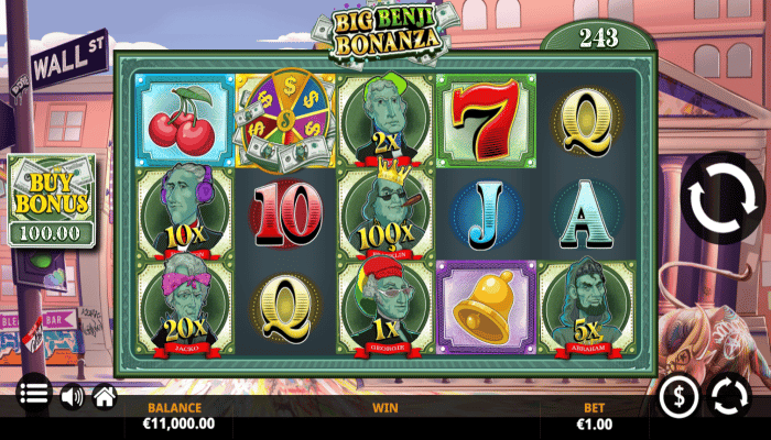 In-game look at Big Benji Bonanza featuring various symbols, including pimped-out presidents on banknotes