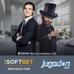 Image featuring iSoftBet and Jugadon logos along with a game mascot and casino dealer