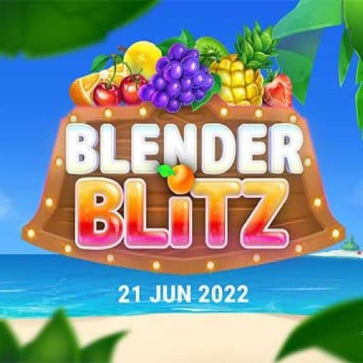 Blender Blitz game logo featuring various fruits on a beach background