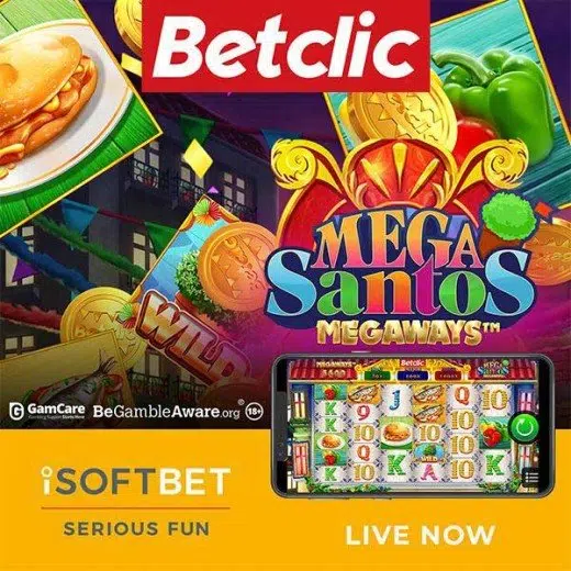 Promotional image for MegaSantos MegaWays featuring the iSoftBet and Betclic logos alongside in-game footage on a mobile device
