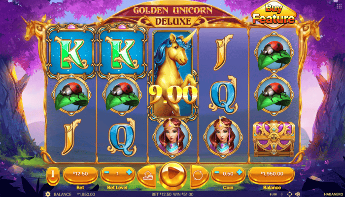In-game look at Golden Unicorn Deluxe featuring various symbols