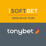 The iSoftBet and TonyBet comoany logos on a yellow and grey background