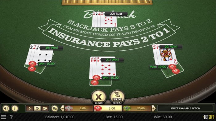 BetSoft European Blackjack gameplay