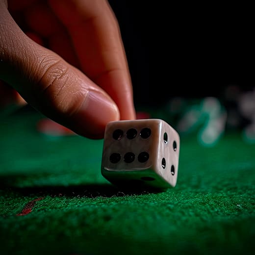 Croupier hand rolling the dice on green poker table