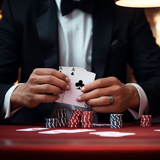 Poker player with pair of aces in hands