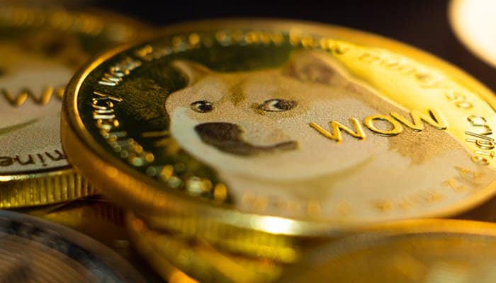 Pile of cryptocurrency cash golden Dogcoins