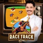 Evolution Race Track Live casino game logo and presenter