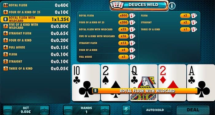 Deuces Wild video poker variant playthrough