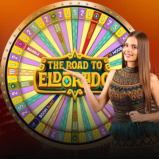 The Road to Eldorado live casino game logo and presenter