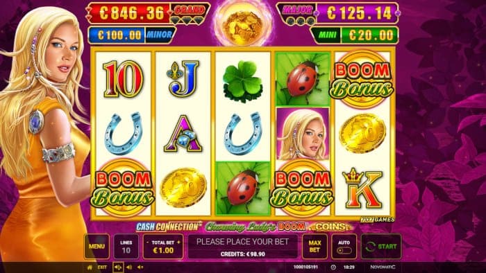 Cash Connection Charming Lady's Boom Coins video slot base gameplay