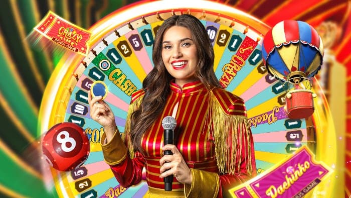 Crazy Time game show wheel, host and game elements