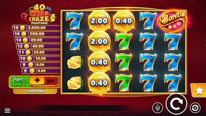 40 Wild Craze PrizeTower video slot base gameplay