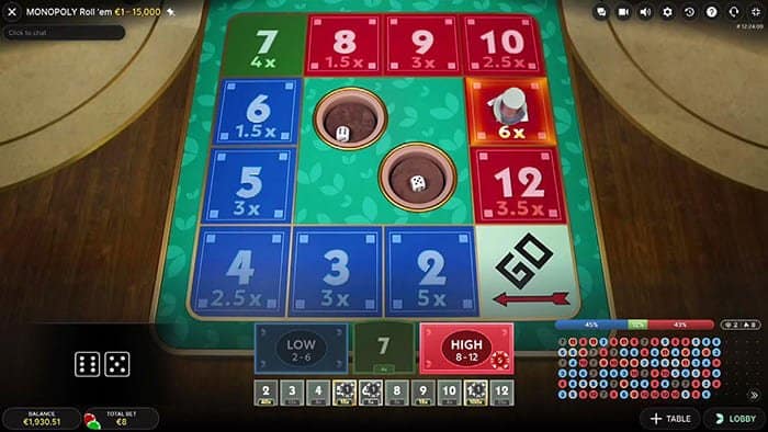 MONOPOLY Roll 'em live casino game playthrough