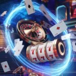Roulette wheel, playing cards and slot reels