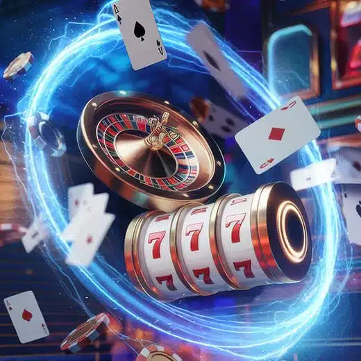 Roue de roulette, cartes à jouer et rouleaux de machines à sous