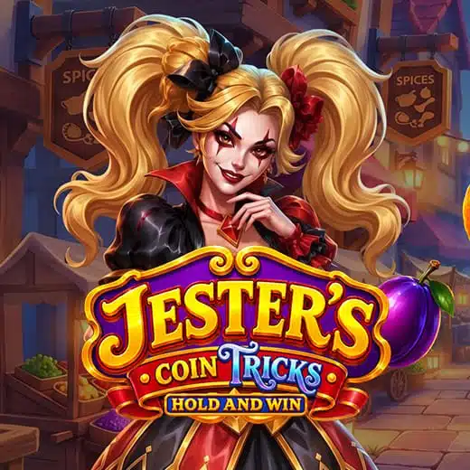 Логотип и персонаж видеослота Jester's Coins Tricks